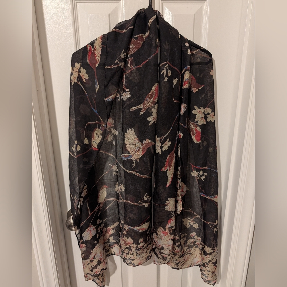 Bird and Floral Gerinly Print Sheer Wrap Scarf - Black and Pink